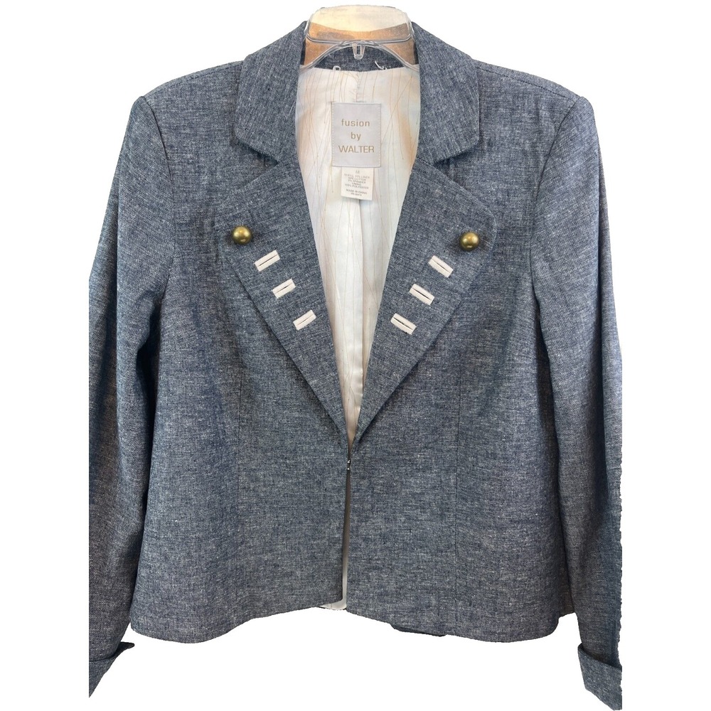 Fusion by Walter Baker Women's Jacket Size S Linen Gray Blue Brass Buttons Crisp